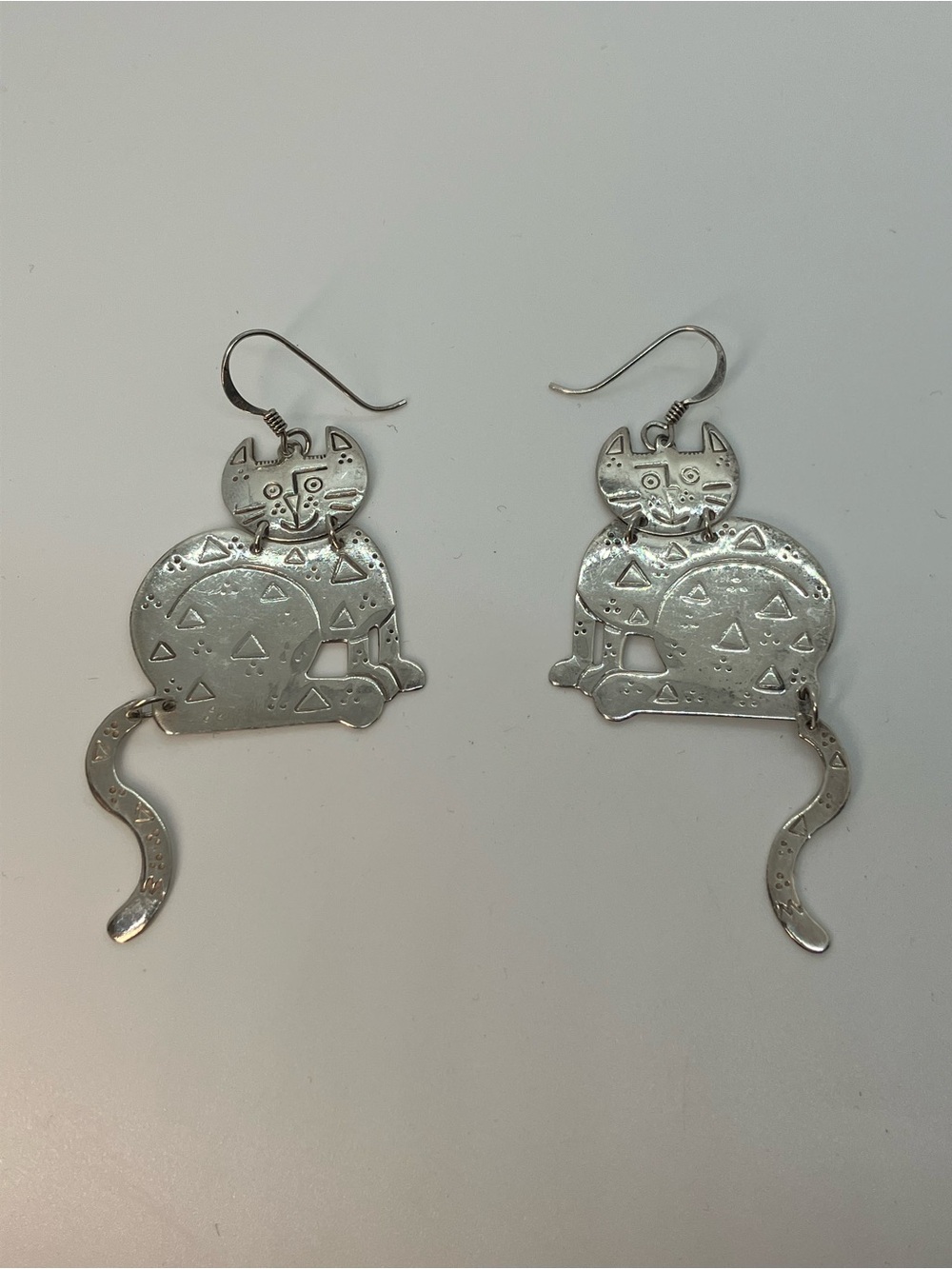 Vtg 925 Sterling Silver Folk Art Whimsical Cat Tail Dangle Earrings